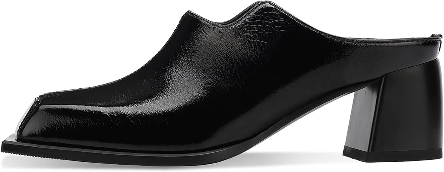 Women's Black Patent Leather Mule Sandals Square Toe Slip-On with 2 Inch Chunky Block Heel | Cushioned Comfort Dress Shoes for Work & Evening