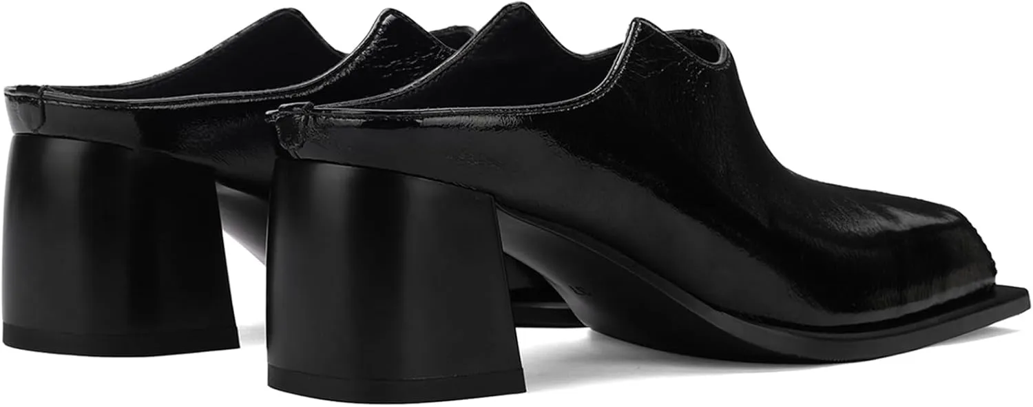 Women's Black Patent Leather Mule Sandals Square Toe Slip-On with 2 Inch Chunky Block Heel | Cushioned Comfort Dress Shoes for Work & Evening