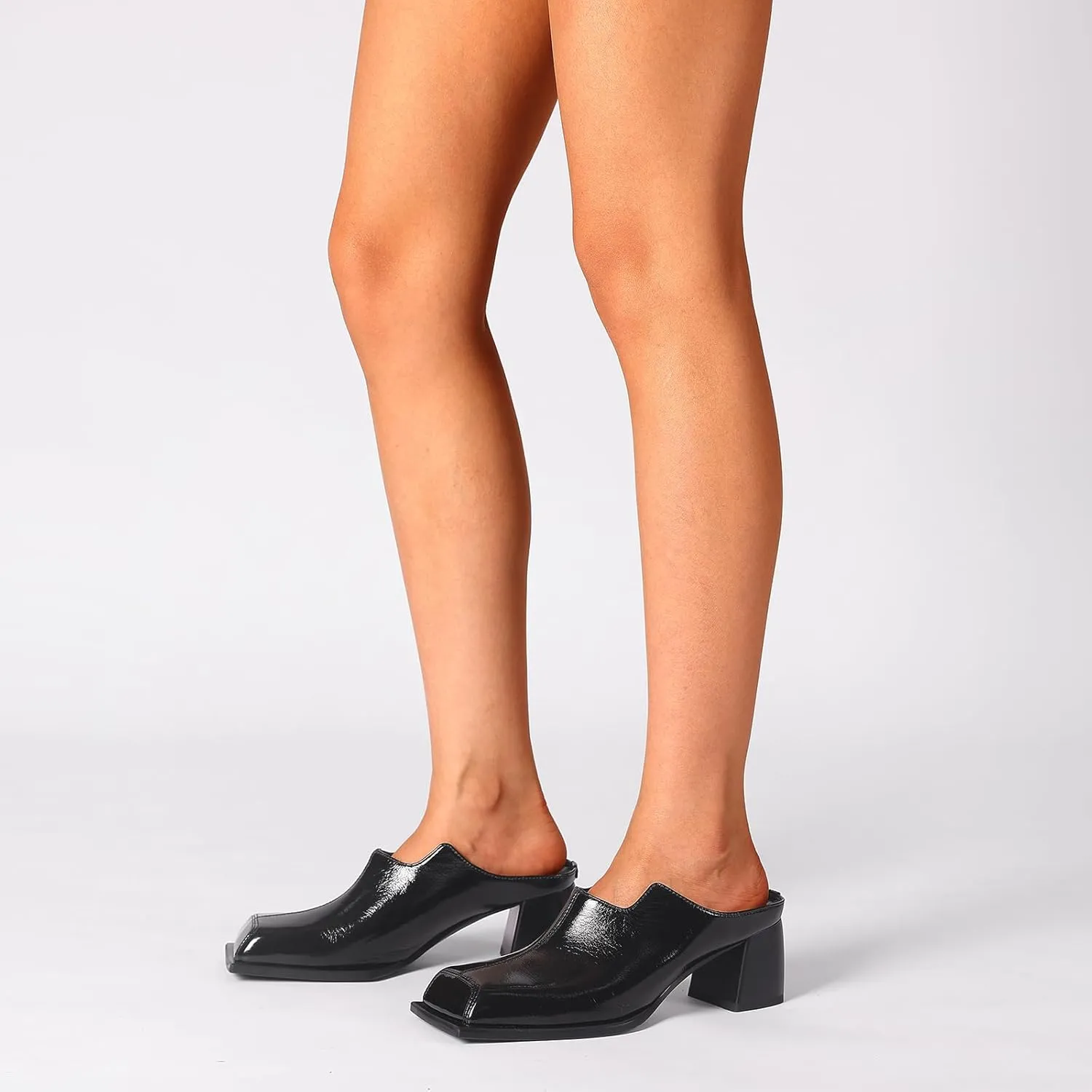 Women's Black Patent Leather Mule Sandals Square Toe Slip-On with 2 Inch Chunky Block Heel | Cushioned Comfort Dress Shoes for Work & Evening