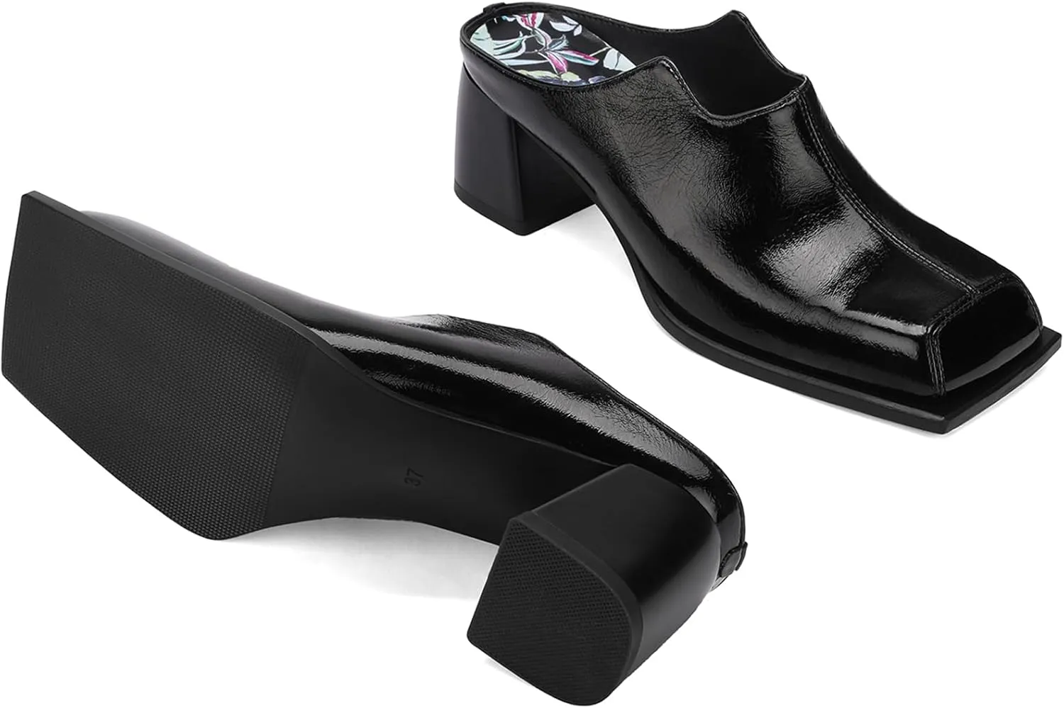 Women's Black Patent Leather Mule Sandals Square Toe Slip-On with 2 Inch Chunky Block Heel | Cushioned Comfort Dress Shoes for Work & Evening
