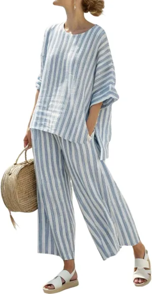 Women's Blue Striped Linen Suit 3/4 Sleeve Round Neck Top With Wide Leg Pants 2025 Summer Casual Walking Two Piece Suit