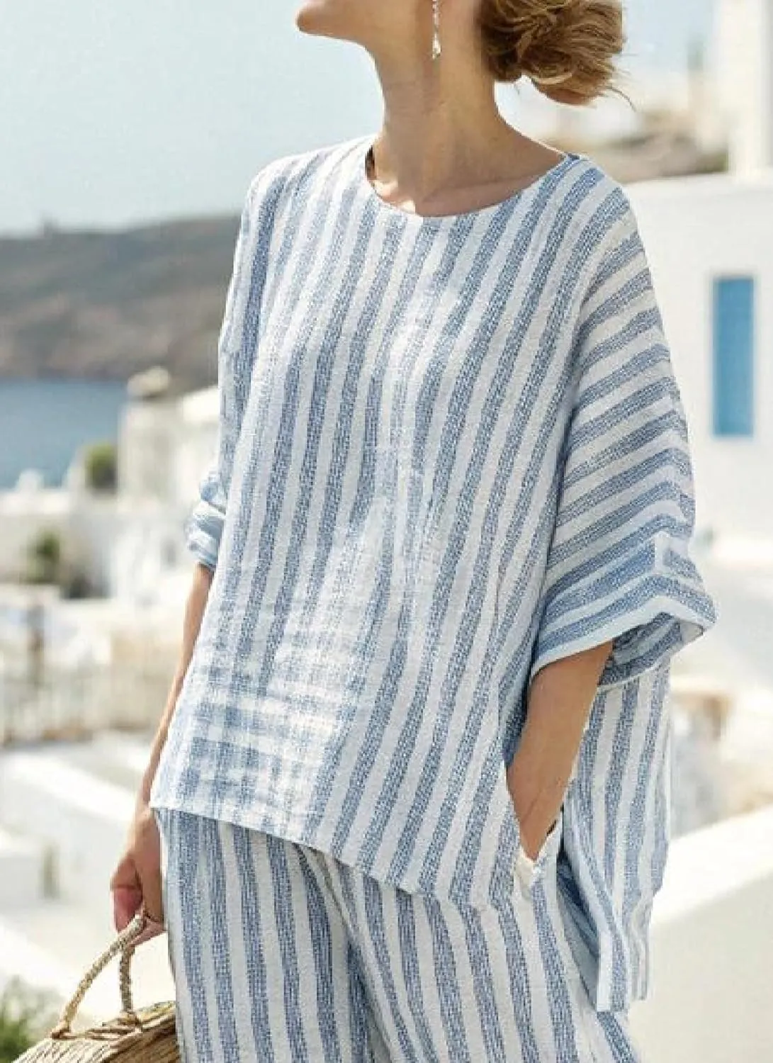 Women's Blue Striped Linen Suit 3/4 Sleeve Round Neck Top With Wide Leg Pants 2025 Summer Casual Walking Two Piece Suit