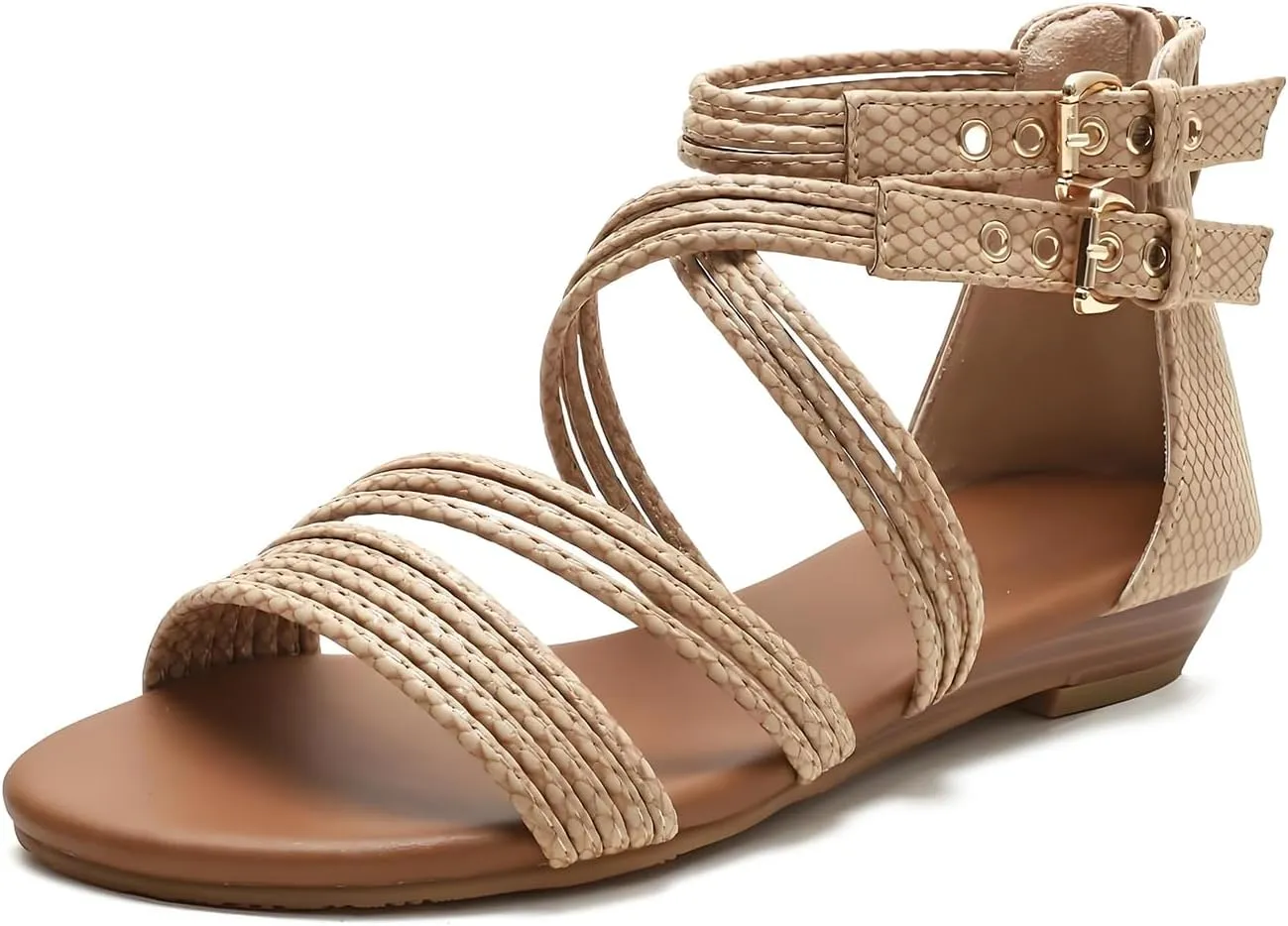 Women's Boho Chic Strappy Sandals - Adjustable Summer Sandals with Flat Sole | Comfortable Casual Beach Sandals for Women, Lightweight Bohemian Walking Shoes