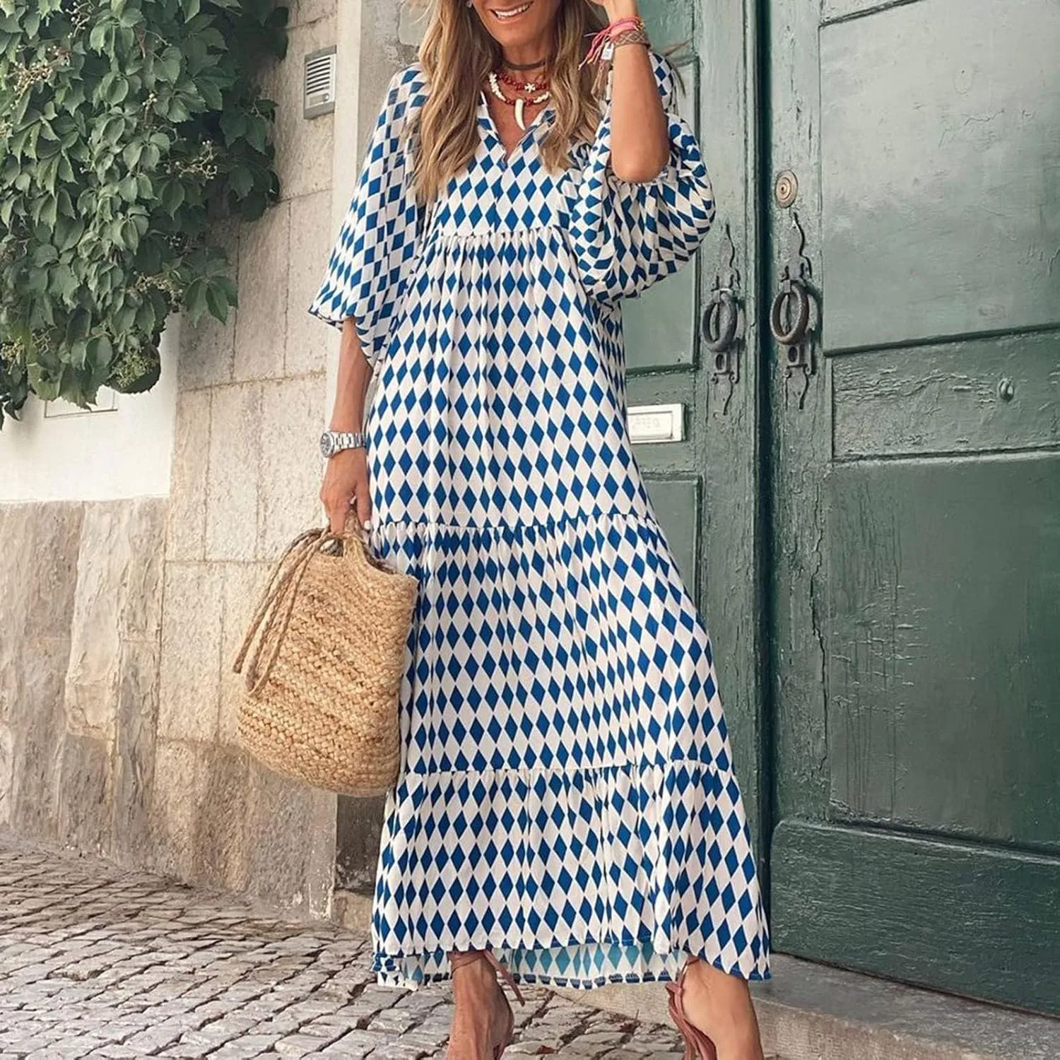 Womens Boho Maxi Dress 3/4 Puff Sleeve Block Print Long Flowy Dresses Casual Loose Fitting Modest Vacation Dresses