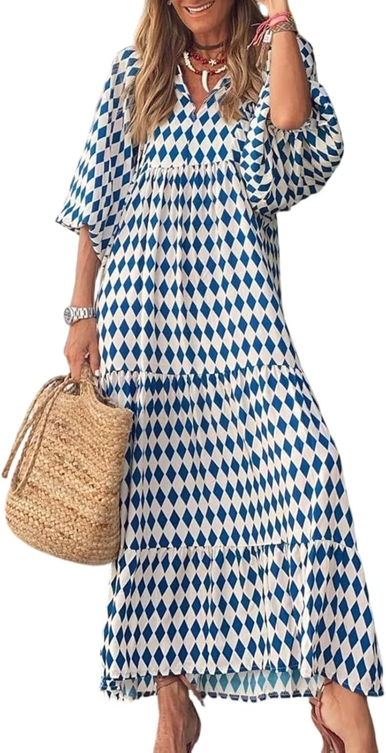 Womens Boho Maxi Dress 3/4 Puff Sleeve Block Print Long Flowy Dresses Casual Loose Fitting Modest Vacation Dresses