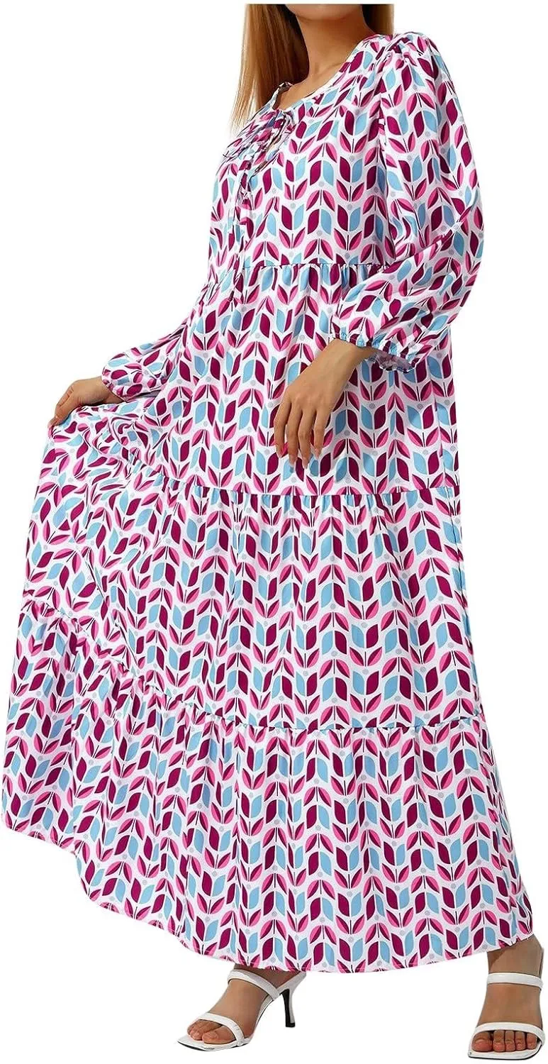 Womens Boho Maxi Dress 3/4 Puff Sleeve Block Print Long Flowy Dresses Casual Loose Fitting Modest Vacation Dresses
