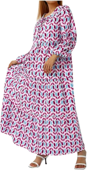 Womens Boho Maxi Dress 3/4 Puff Sleeve Block Print Long Flowy Dresses Casual Loose Fitting Modest Vacation Dresses