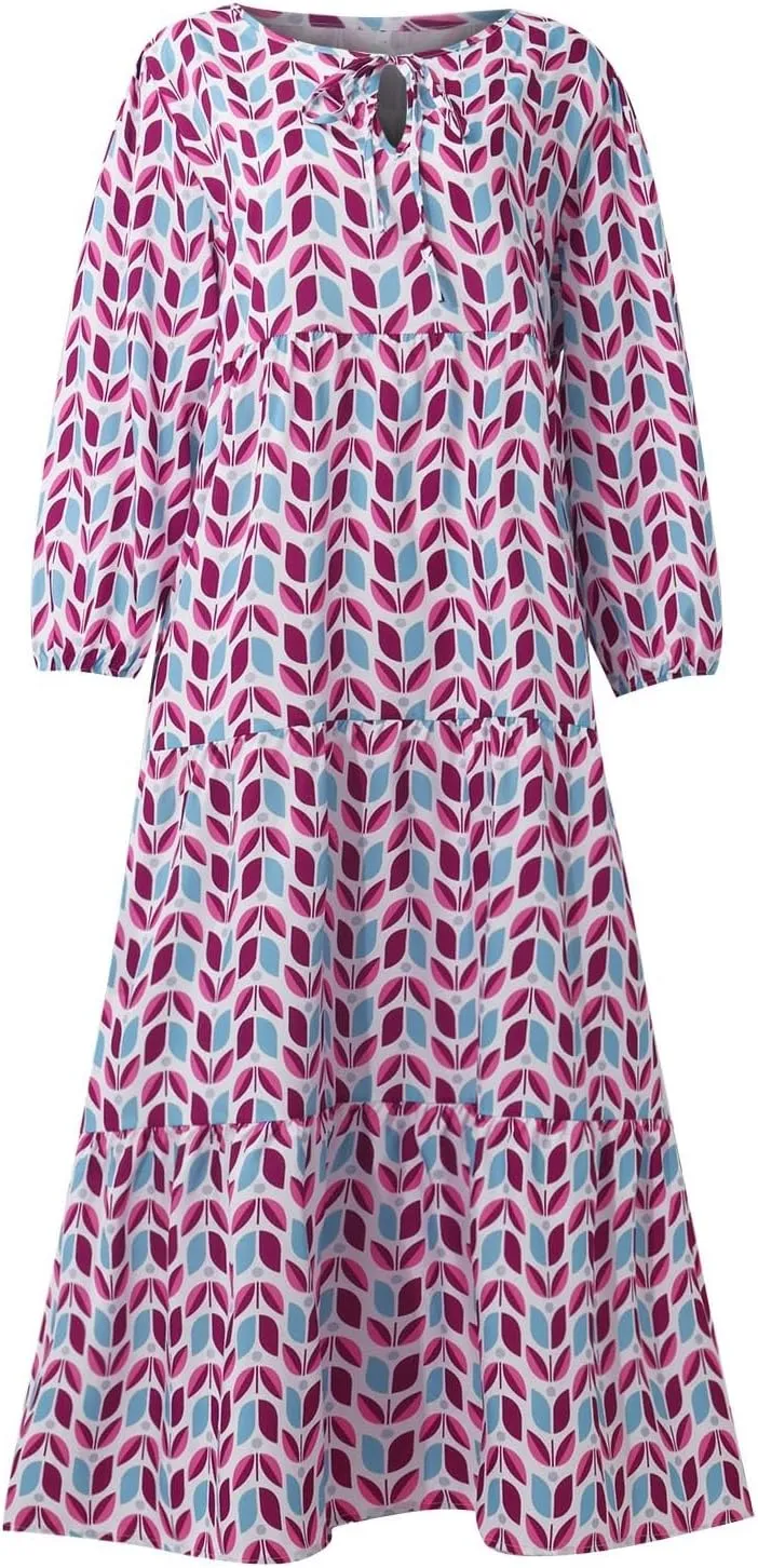 Womens Boho Maxi Dress 3/4 Puff Sleeve Block Print Long Flowy Dresses Casual Loose Fitting Modest Vacation Dresses