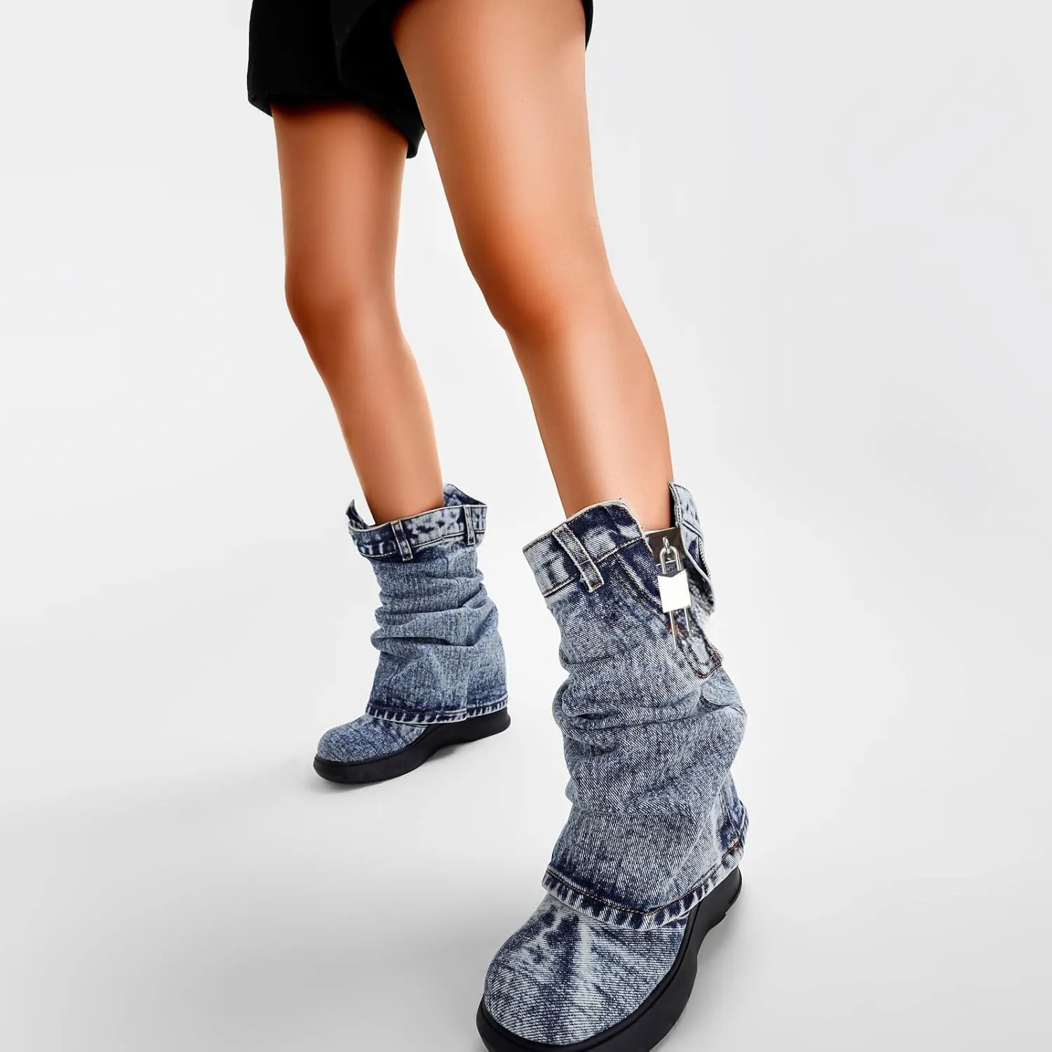 Women's Boots Thick Bottom Western Cowboy Round Toe Padlock Folding Boots for women Vintage Fashion Heightened Platform Mid Calf Booties