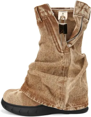 Women's Boots Thick Bottom Western Cowboy Round Toe Padlock Folding Boots for women Vintage Fashion Heightened Platform Mid Calf Booties