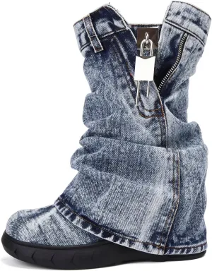 Women's Boots Thick Bottom Western Cowboy Round Toe Padlock Folding Boots for women Vintage Fashion Heightened Platform Mid Calf Booties