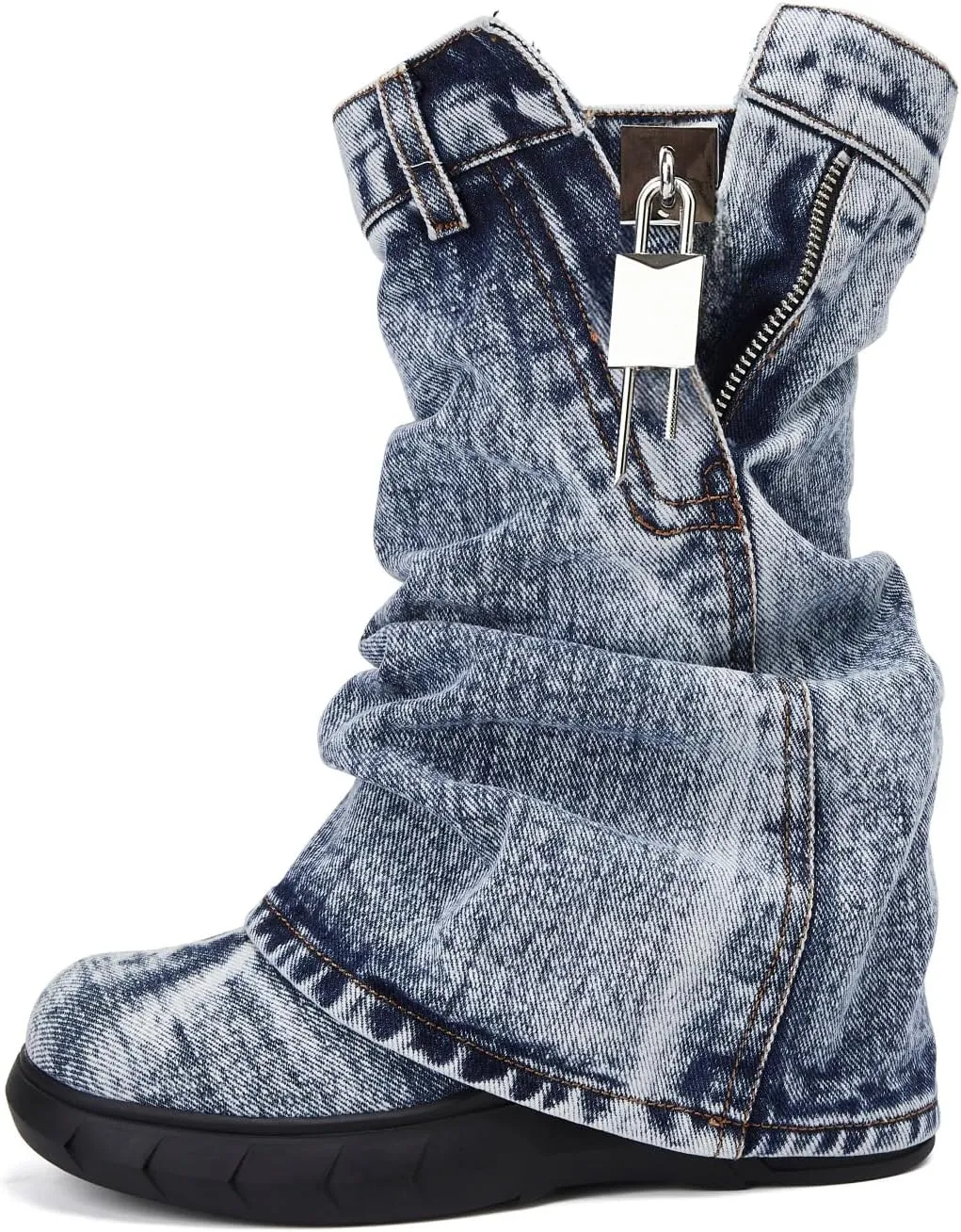 Women's Boots Thick Bottom Western Cowboy Round Toe Padlock Folding Boots for women Vintage Fashion Heightened Platform Mid Calf Booties