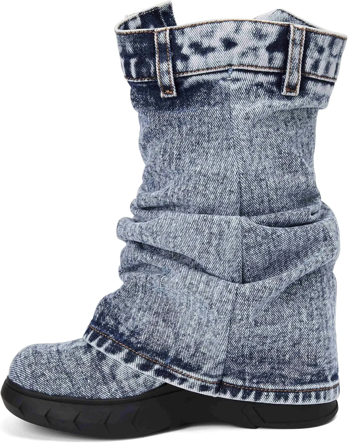 Women's Boots Thick Bottom Western Cowboy Round Toe Padlock Folding Boots for women Vintage Fashion Heightened Platform Mid Calf Booties