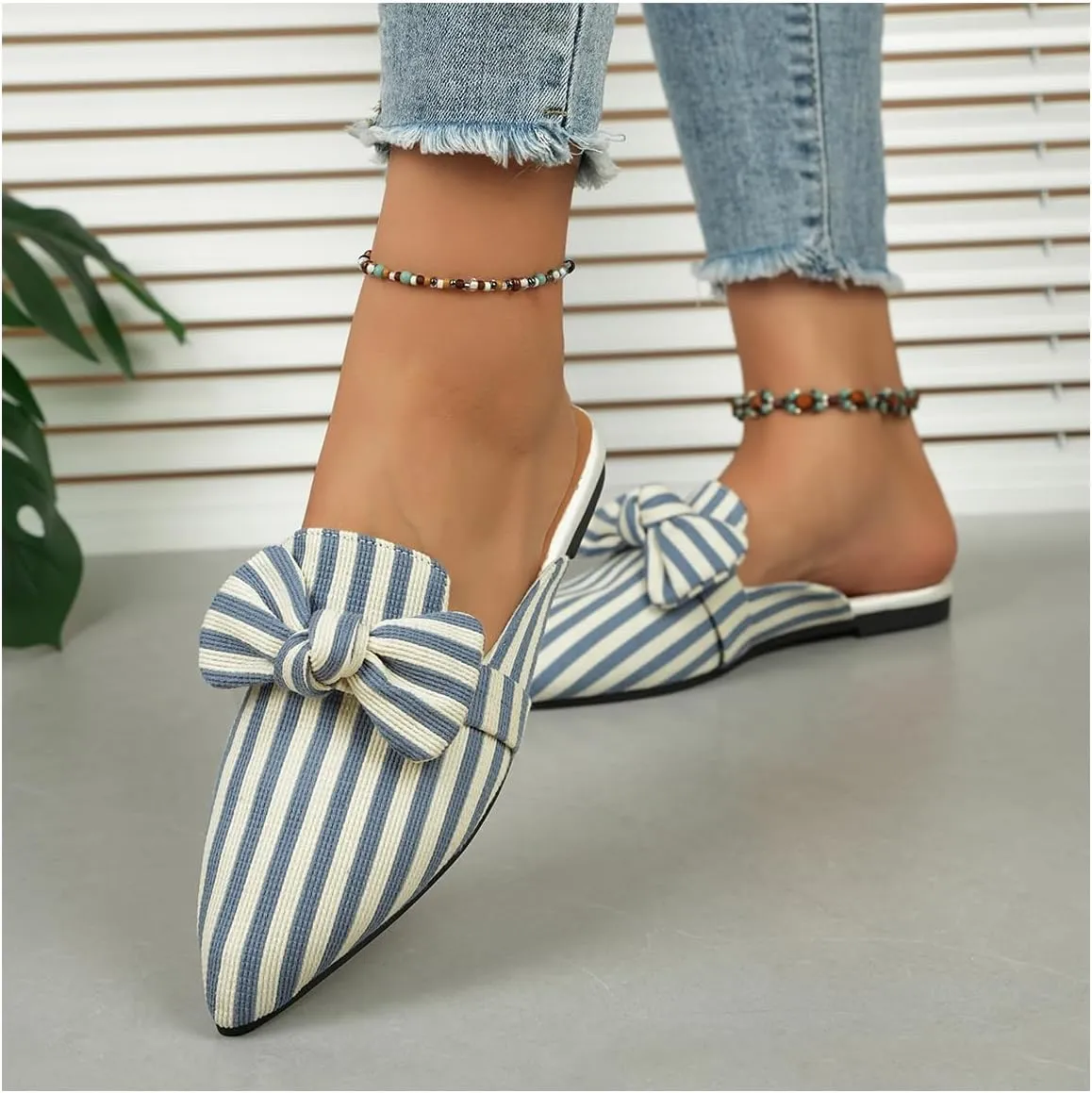 Women's Bow Mules Dressy Pointed Toe Flat Shoes Backless Loafers Slide Sandals Casual Slides Work Shoes