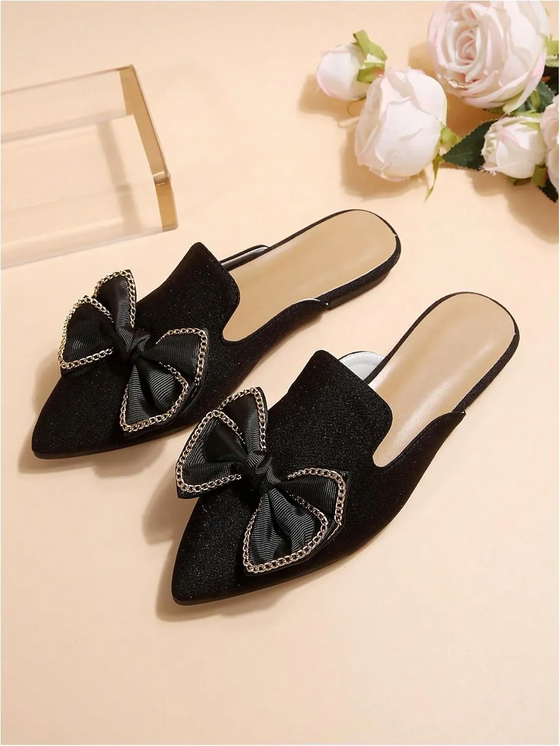 Women's Bow Mules Dressy Pointed Toe Flat Shoes Backless Loafers Slide Sandals Casual Slides Work Shoes