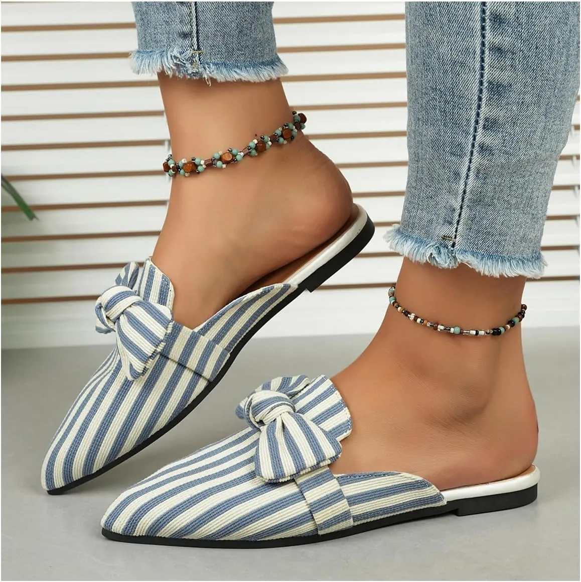Women's Bow Mules Dressy Pointed Toe Flat Shoes Backless Loafers Slide Sandals Casual Slides Work Shoes