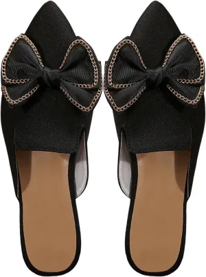 Women's Bow Mules Dressy Pointed Toe Flat Shoes Backless Loafers Slide Sandals Casual Slides Work Shoes