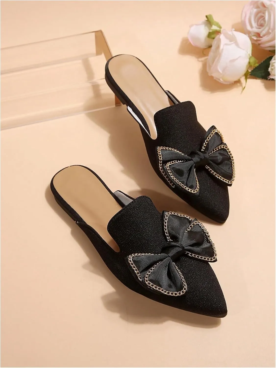 Women's Bow Mules Dressy Pointed Toe Flat Shoes Backless Loafers Slide Sandals Casual Slides Work Shoes
