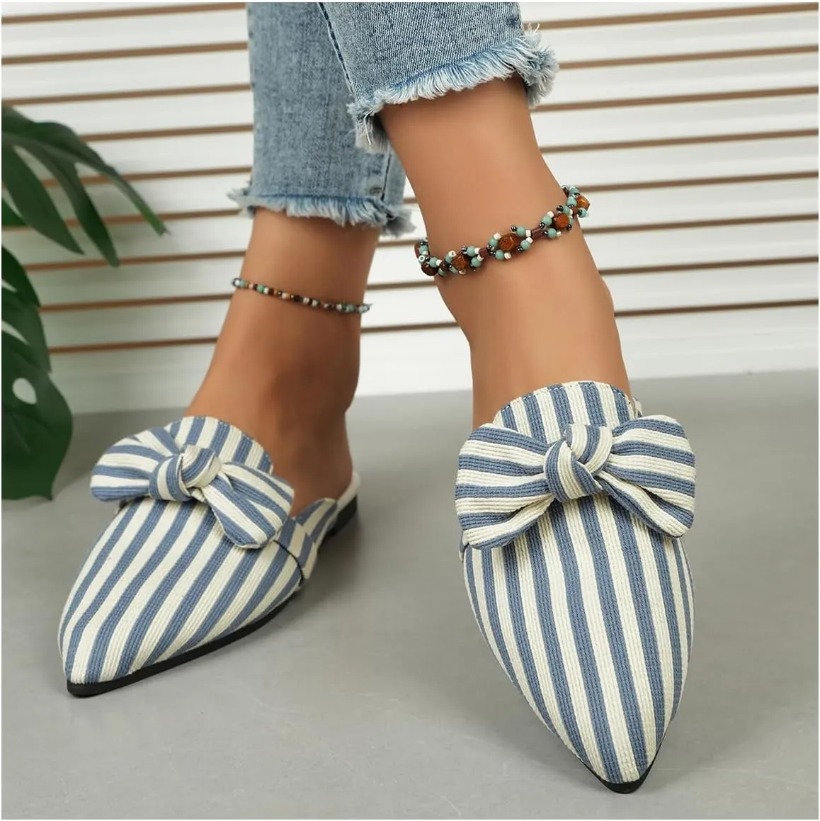 Women's Bow Mules Dressy Pointed Toe Flat Shoes Backless Loafers Slide Sandals Casual Slides Work Shoes
