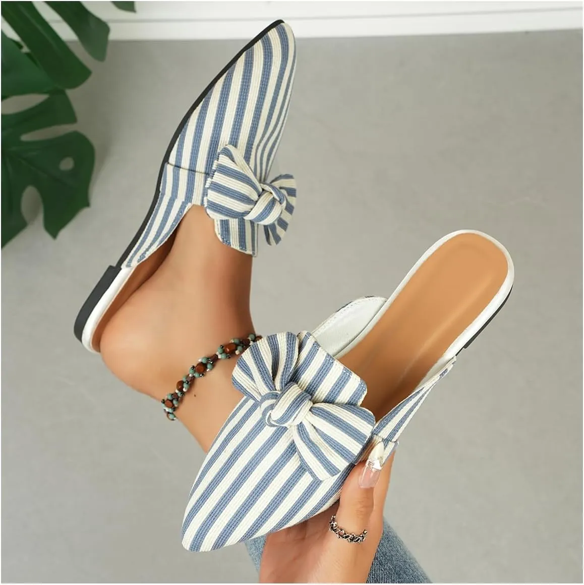 Women's Bow Mules Dressy Pointed Toe Flat Shoes Backless Loafers Slide Sandals Casual Slides Work Shoes