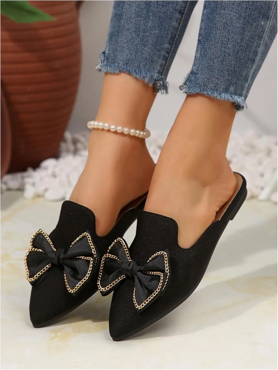 Women's Bow Mules Dressy Pointed Toe Flat Shoes Backless Loafers Slide Sandals Casual Slides Work Shoes