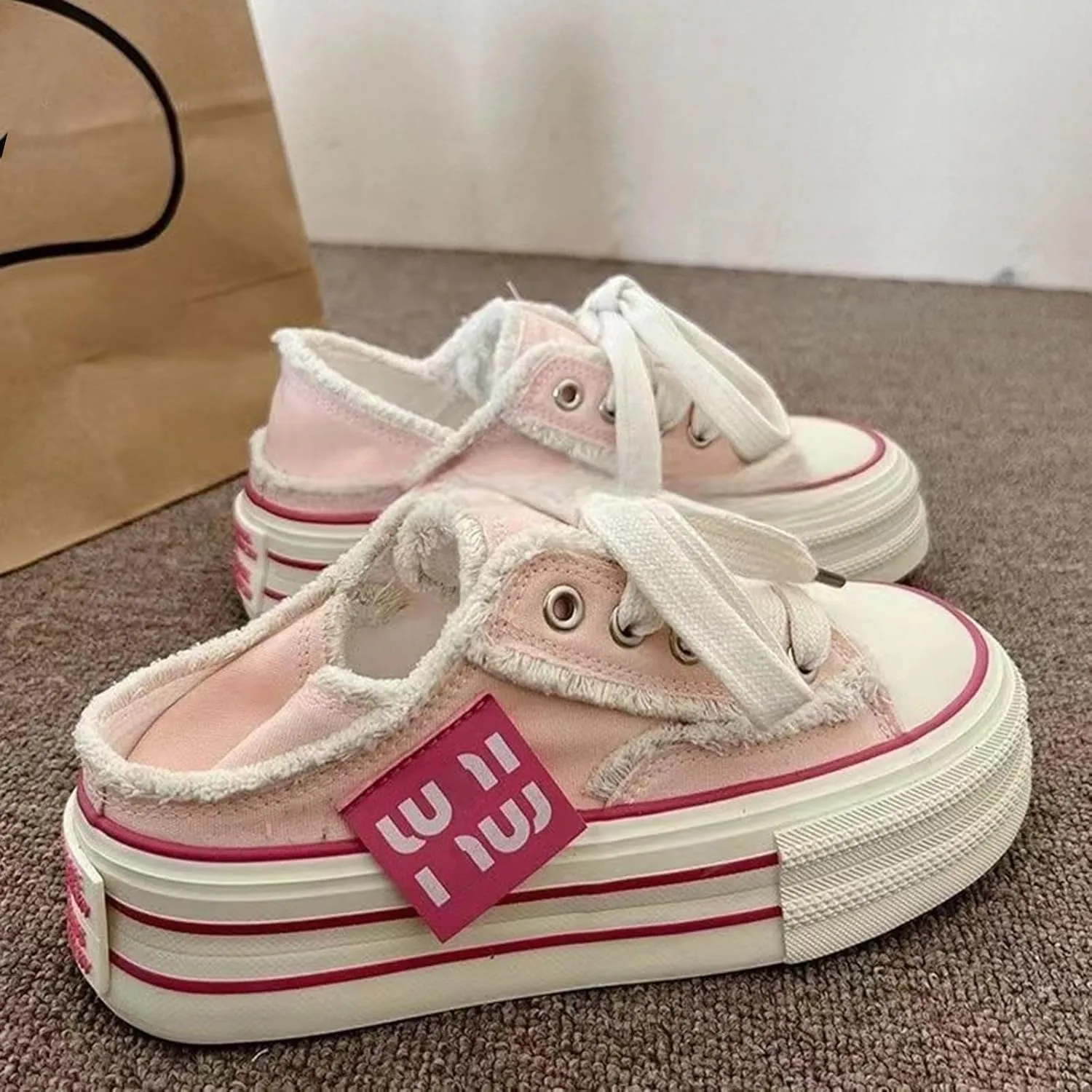 Womens Canvas Mules Sneakers Platform Slip on and Pull on Two-wear Shoes Y2K