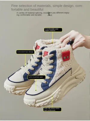 Women's Casual High Top Shoes, Winter Plush Lined Warm Shoes, Thick Soled Lace-up Sports Shoes