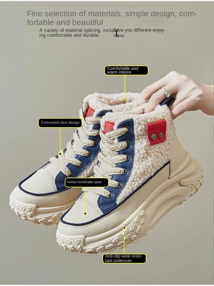 Women's Casual High Top Shoes, Winter Plush Lined Warm Shoes, Thick Soled Lace-up Sports Shoes