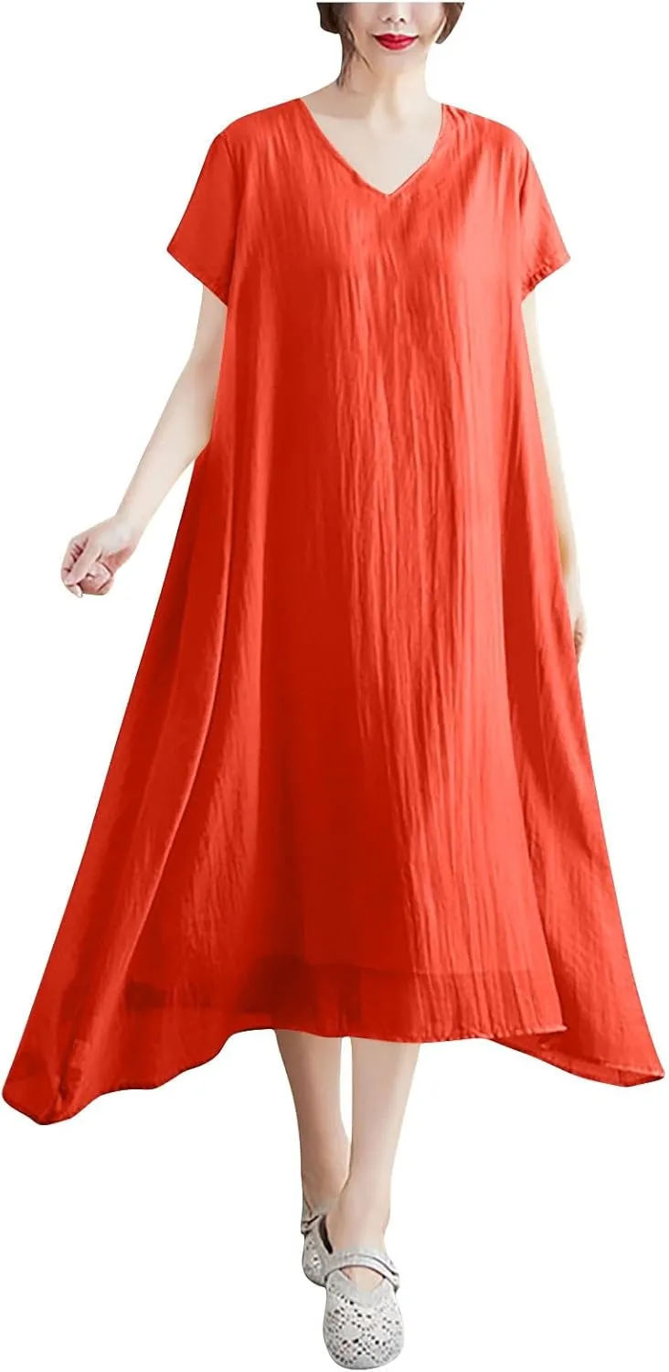 Women's Casual Pajama Solid Color Dress Round Neck Long Dresses Loose Fit Comfortable Midi Skirt Home Daily
