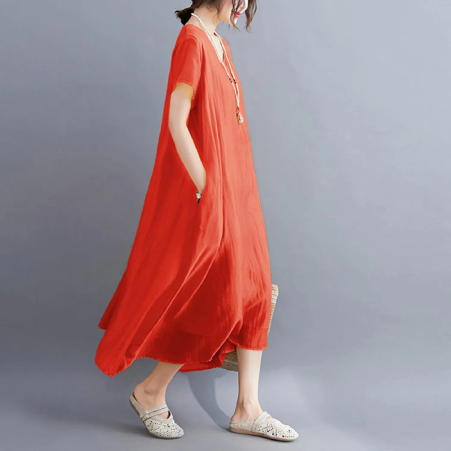Women's Casual Pajama Solid Color Dress Round Neck Long Dresses Loose Fit Comfortable Midi Skirt Home Daily