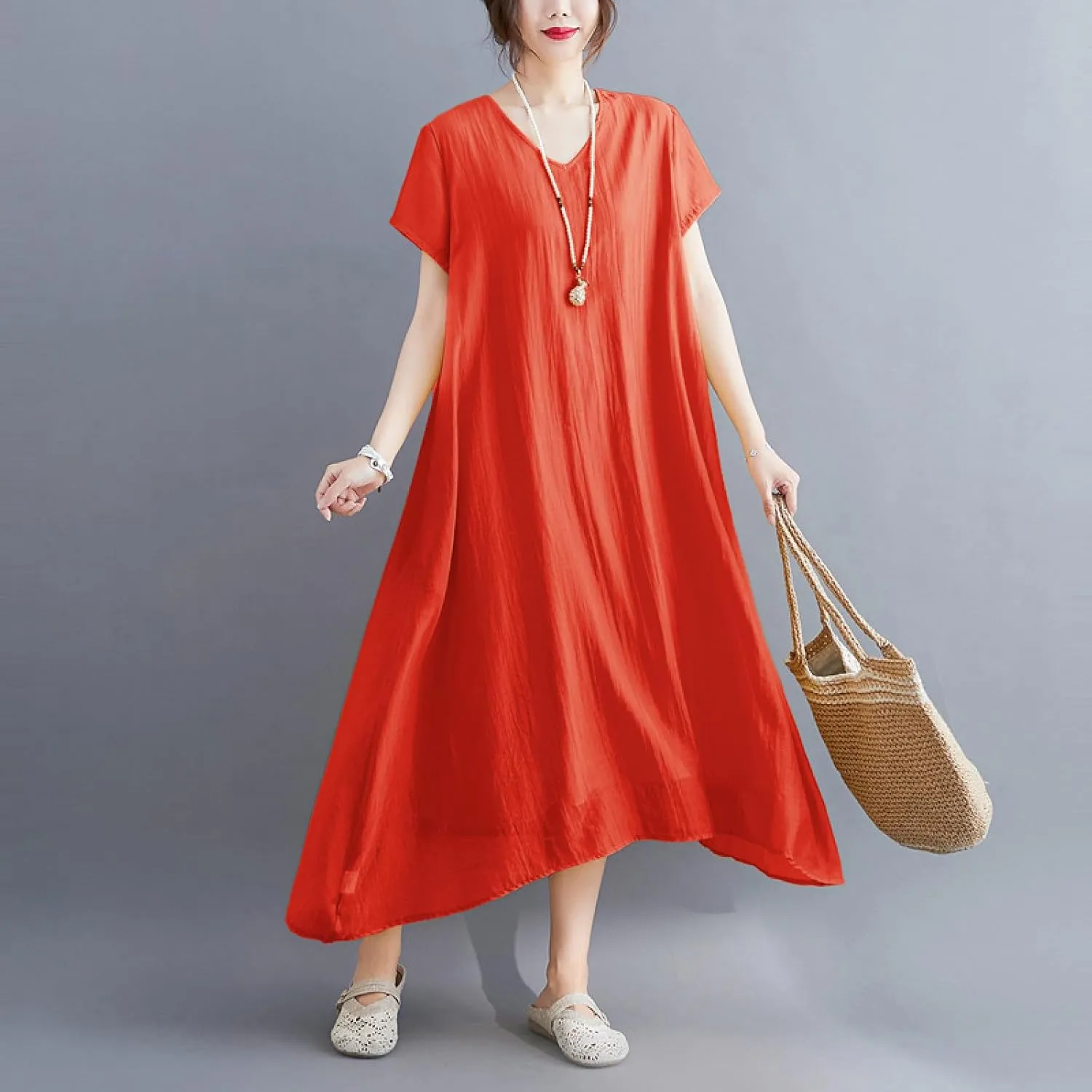 Women's Casual Pajama Solid Color Dress Round Neck Long Dresses Loose Fit Comfortable Midi Skirt Home Daily