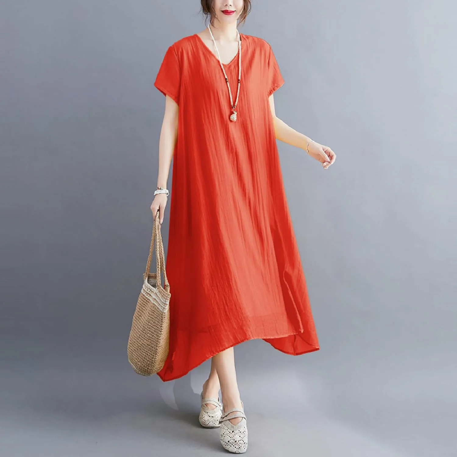Women's Casual Pajama Solid Color Dress Round Neck Long Dresses Loose Fit Comfortable Midi Skirt Home Daily