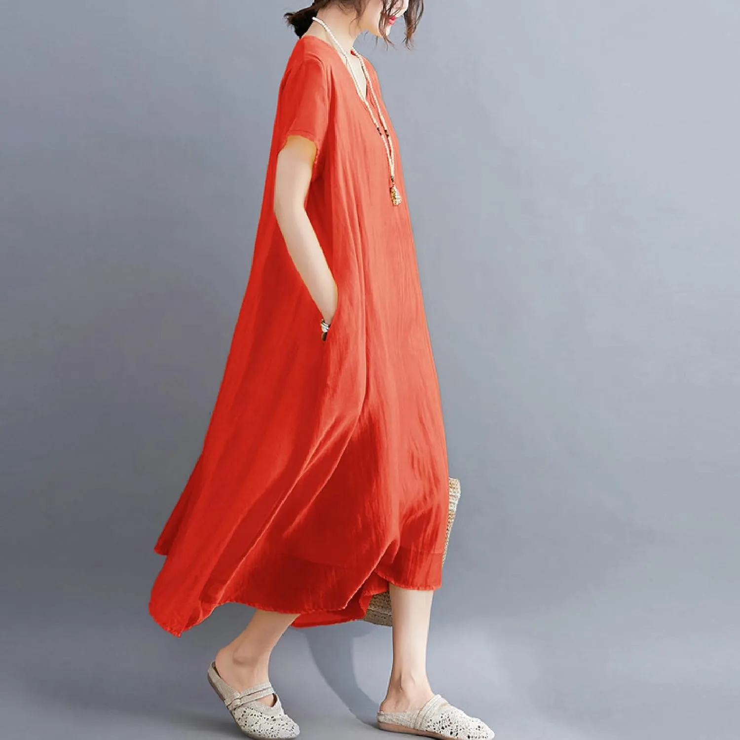 Women's Casual Pajama Solid Color Dress Round Neck Long Dresses Loose Fit Comfortable Midi Skirt Home Daily