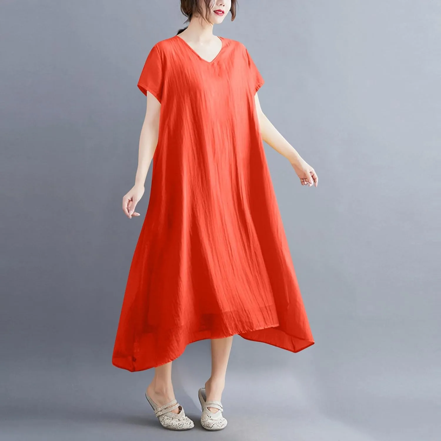 Women's Casual Pajama Solid Color Dress Round Neck Long Dresses Loose Fit Comfortable Midi Skirt Home Daily