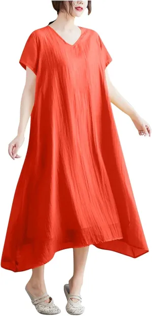 Women's Casual Pajama Solid Color Dress Round Neck Long Dresses Loose Fit Comfortable Midi Skirt Home Daily