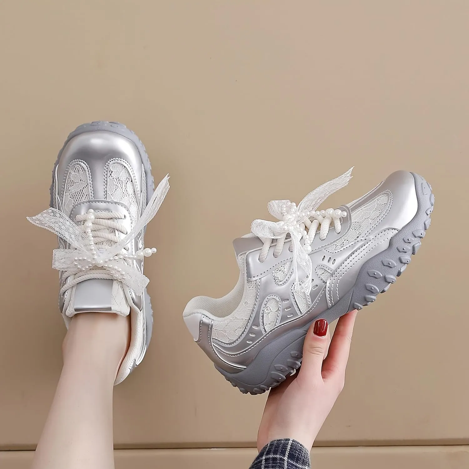 Women's Casual Sneakers - Breathable Mesh & Synthetic Cover Lace-Up Walking Shoes, Round Toe Design for All-Season Outdoor Travel & Daily Wear