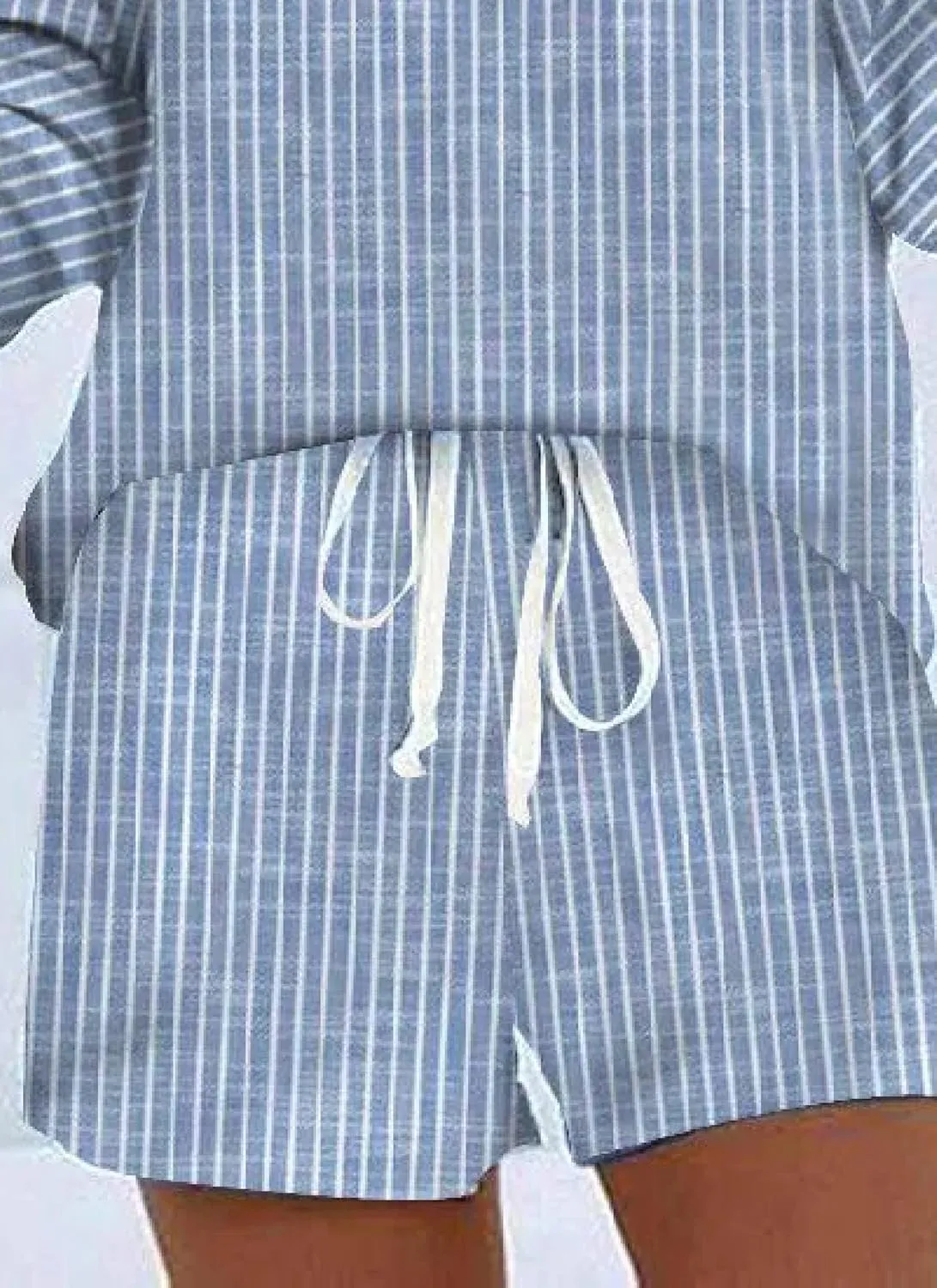 Women's Causal 2 Piece Sets Blue Striped Long Sleeve Hoodie Shirt with Drawstring Shorts 2025 Summer Stylish Outfit