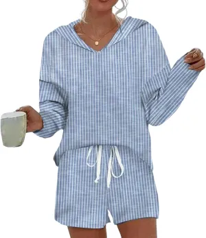 Women's Causal 2 Piece Sets Blue Striped Long Sleeve Hoodie Shirt with Drawstring Shorts 2025 Summer Stylish Outfit