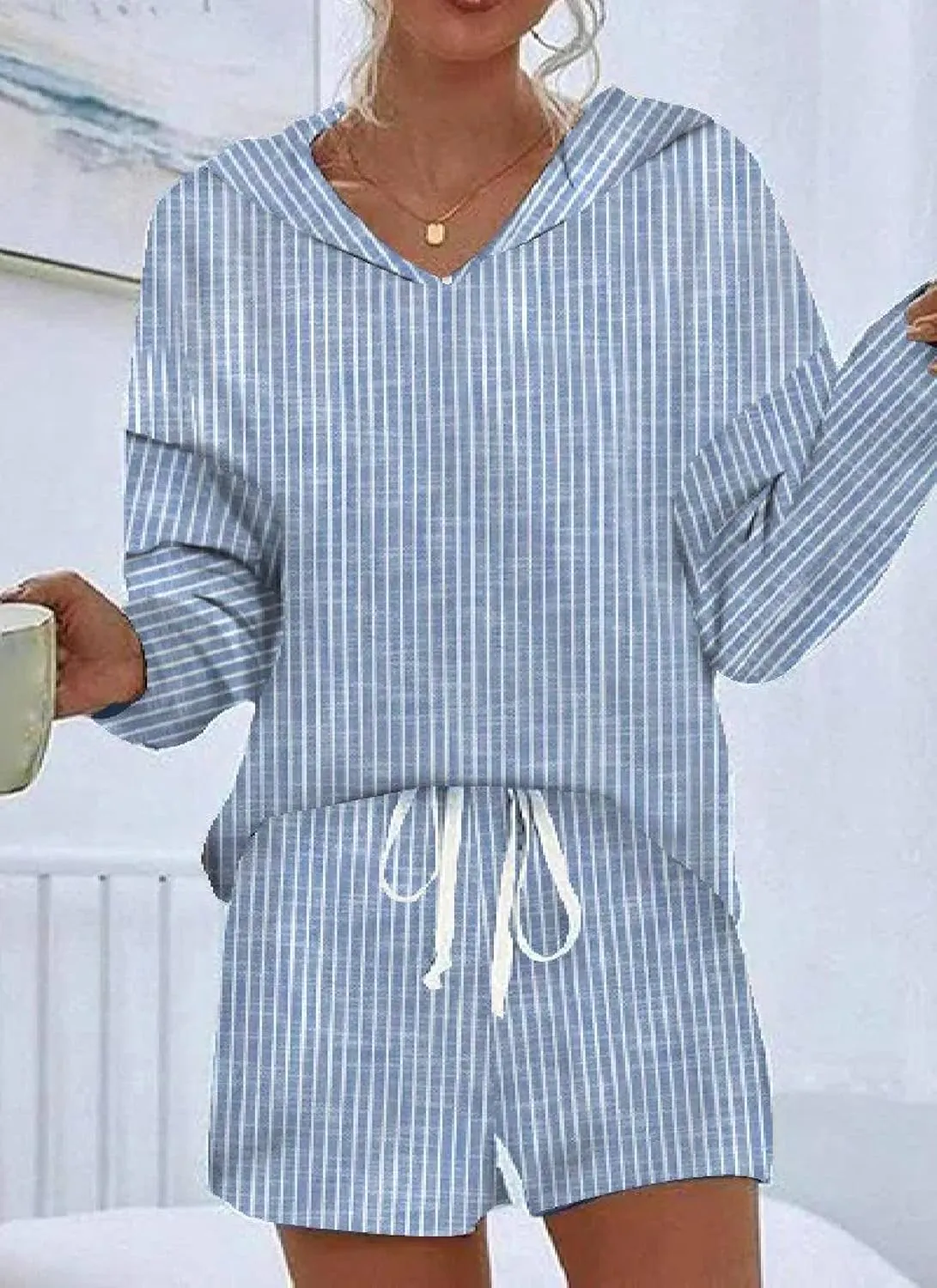 Women's Causal 2 Piece Sets Blue Striped Long Sleeve Hoodie Shirt with Drawstring Shorts 2025 Summer Stylish Outfit