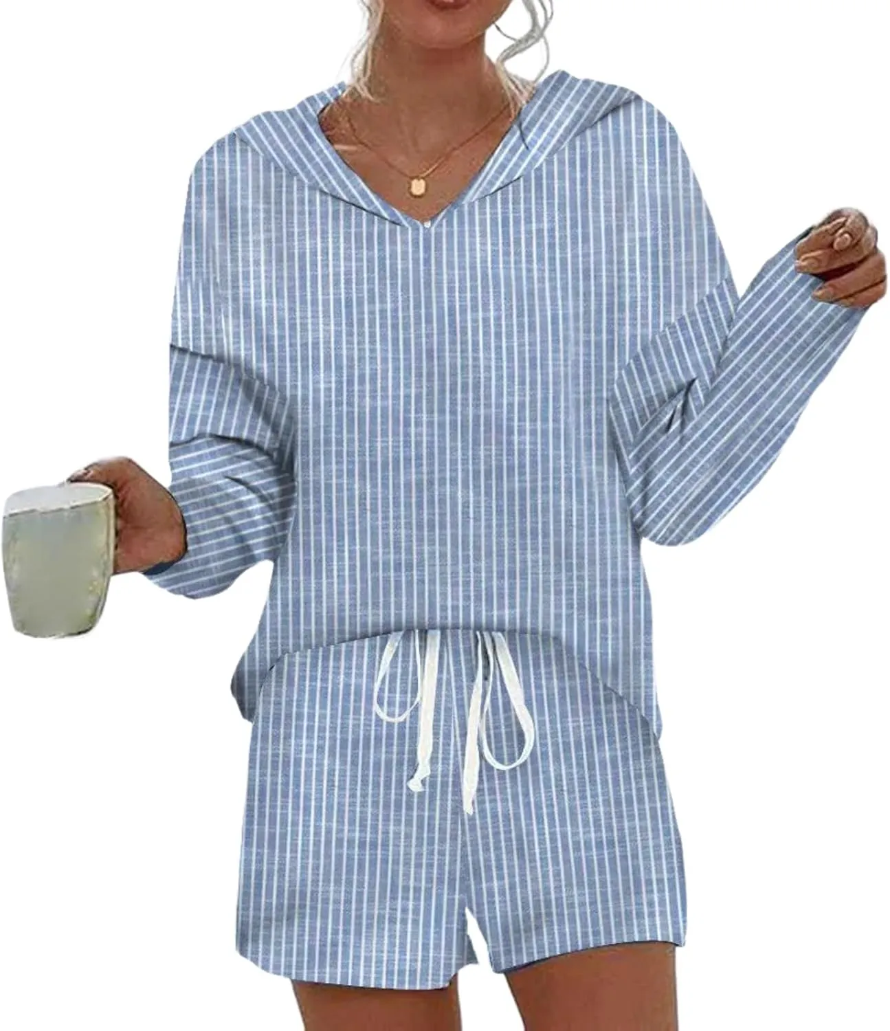 Women's Causal 2 Piece Sets Blue Striped Long Sleeve Hoodie Shirt with Drawstring Shorts 2025 Summer Stylish Outfit