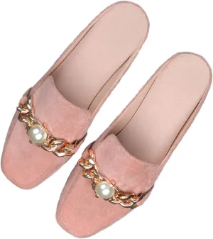 Women's Chain Pearl Square Toe Suede Backless Mule,Fashion Comfortable Flat Slip on Half Slippers Closed Toe Loafer Shoes