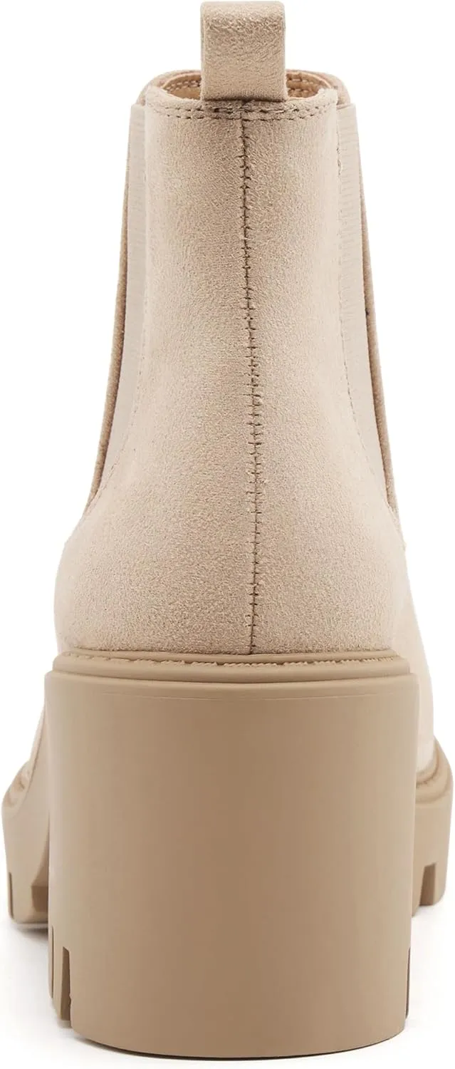 Women's Chelsea Boots Fashion Platform High Heel Ankle Booties Round Toe Casual Elastic Chunky Block Heel Boots