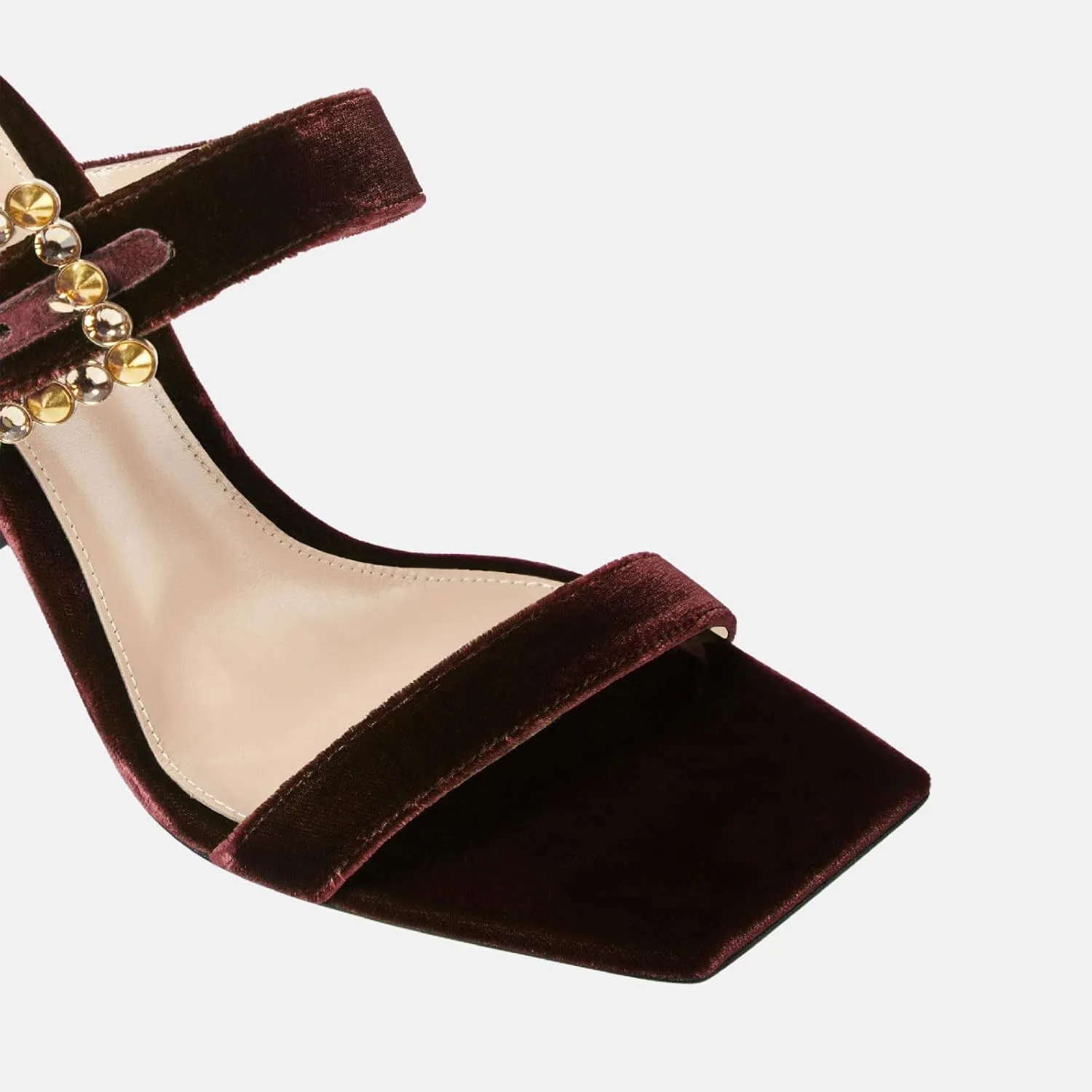 Women's Chic Rhinestones Buckle Square Open Toe Block Heel Slide Sandals Fashion Velvet Fabric Slip On High Chunky Heel Summer Mules Prom Party Heeled Sandals for Women