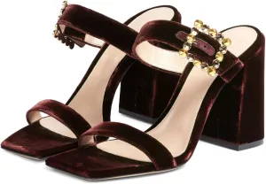 Women's Chic Rhinestones Buckle Square Open Toe Block Heel Slide Sandals Fashion Velvet Fabric Slip On High Chunky Heel Summer Mules Prom Party Heeled Sandals for Women