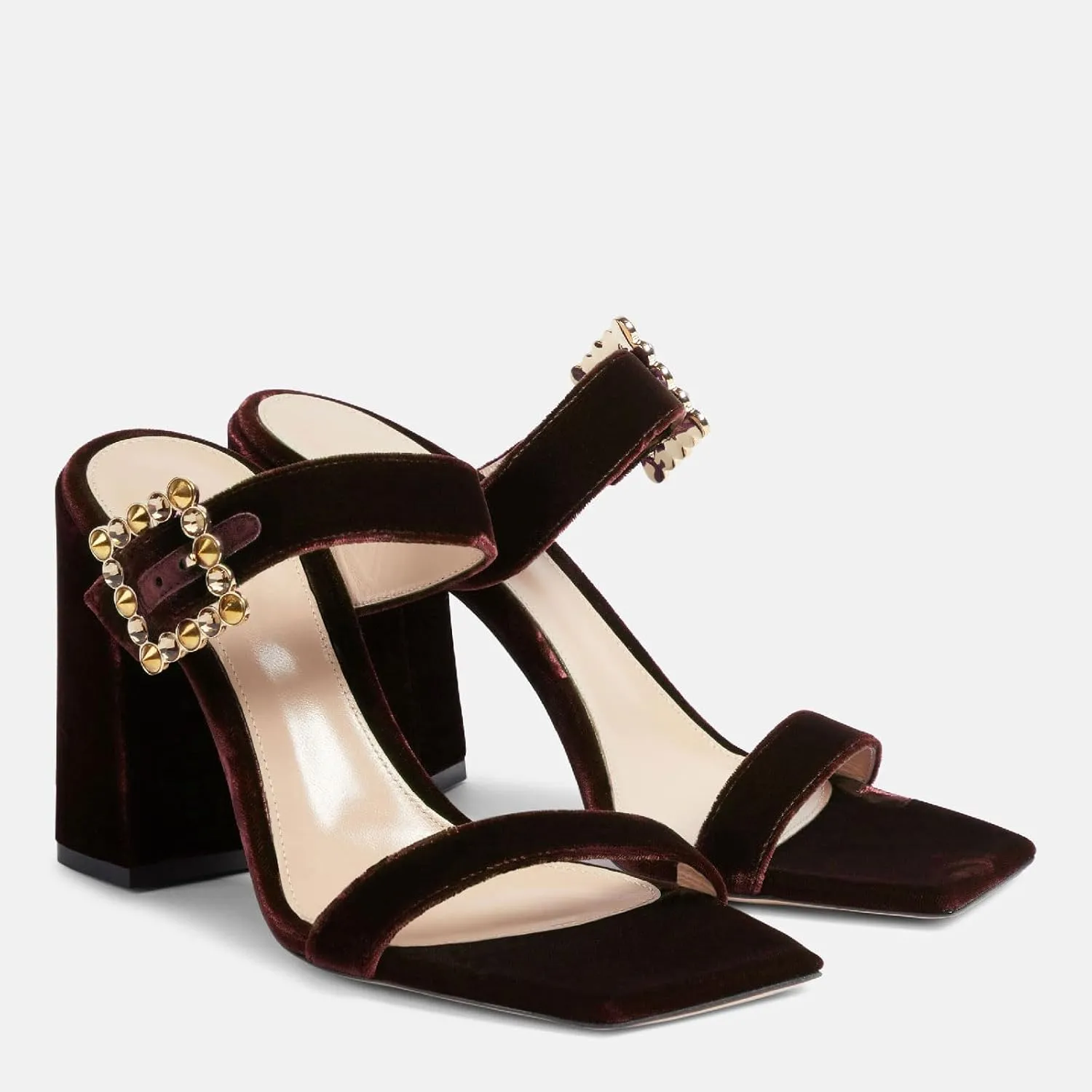 Women's Chic Rhinestones Buckle Square Open Toe Block Heel Slide Sandals Fashion Velvet Fabric Slip On High Chunky Heel Summer Mules Prom Party Heeled Sandals for Women