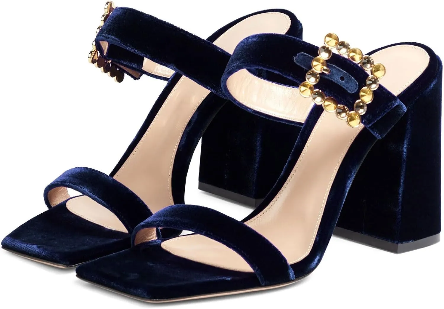Women's Chic Rhinestones Buckle Square Open Toe Block Heel Slide Sandals Fashion Velvet Fabric Slip On High Chunky Heel Summer Mules Prom Party Heeled Sandals for Women