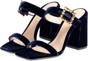 Women's Chic Rhinestones Buckle Square Open Toe Block Heel Slide Sandals Fashion Velvet Fabric Slip On High Chunky Heel Summer Mules Prom Party Heeled Sandals for Women