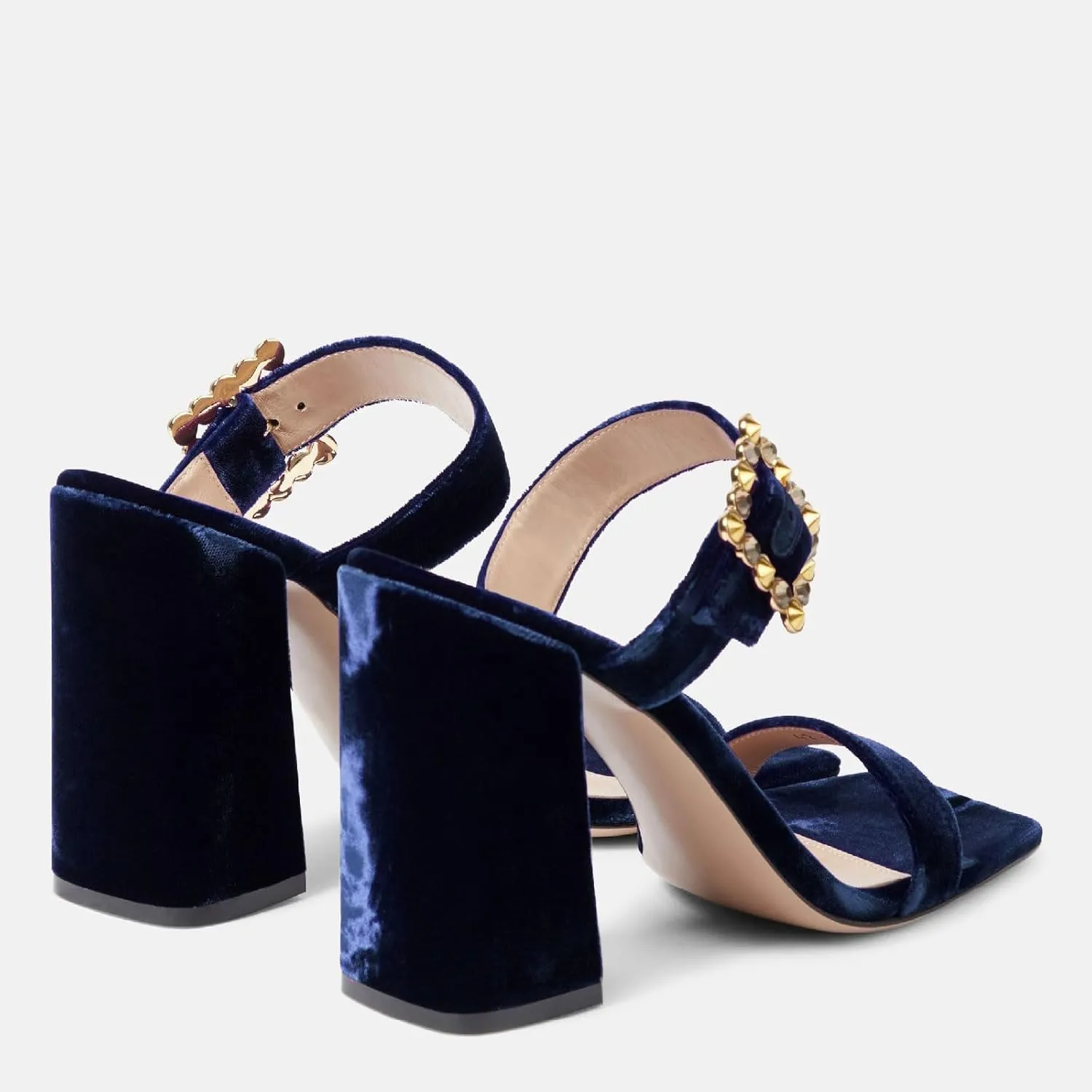 Women's Chic Rhinestones Buckle Square Open Toe Block Heel Slide Sandals Fashion Velvet Fabric Slip On High Chunky Heel Summer Mules Prom Party Heeled Sandals for Women
