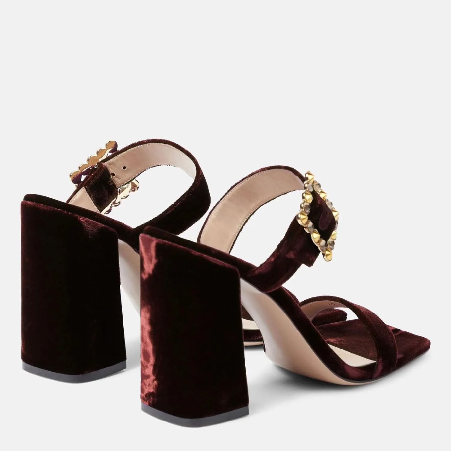 Women's Chic Rhinestones Buckle Square Open Toe Block Heel Slide Sandals Fashion Velvet Fabric Slip On High Chunky Heel Summer Mules Prom Party Heeled Sandals for Women