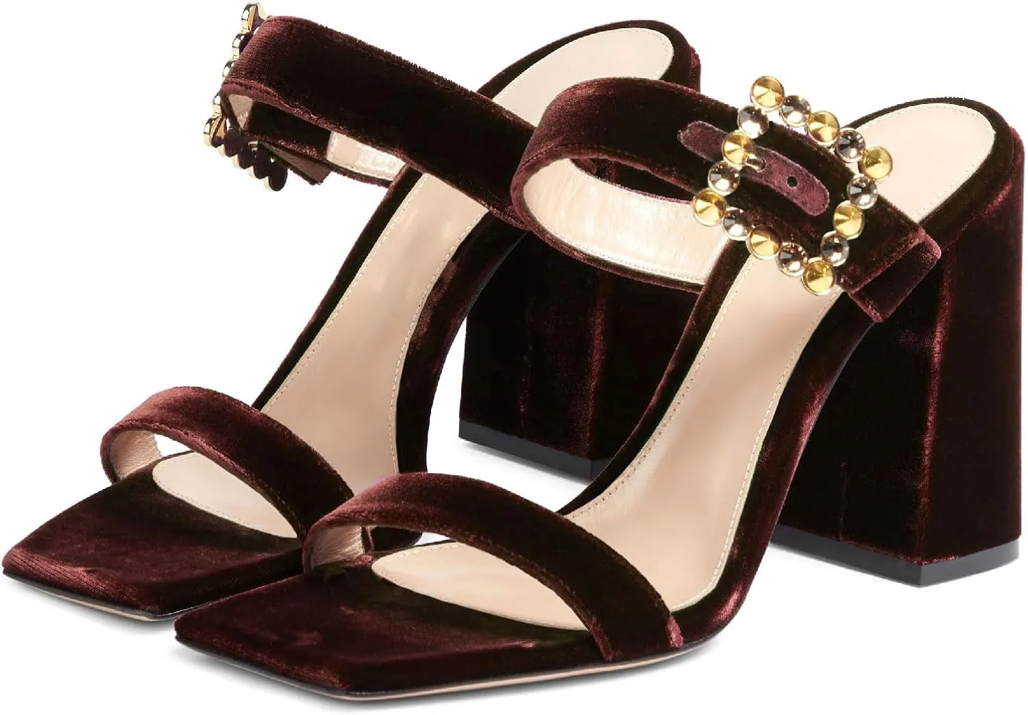 Women's Chic Rhinestones Buckle Square Open Toe Block Heel Slide Sandals Fashion Velvet Fabric Slip On High Chunky Heel Summer Mules Prom Party Heeled Sandals for Women